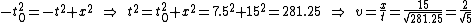 -t_0^2=-t^2+x^2\quad\Rightarrow\quad t^2=t_0^2+x^2=7.5^2+15^2=281.25\quad\Rightarrow\quad v=\frac{x}{t}=\frac{15}{\sqrt{281.25}}=\frac{2}{\sqrt{5}}